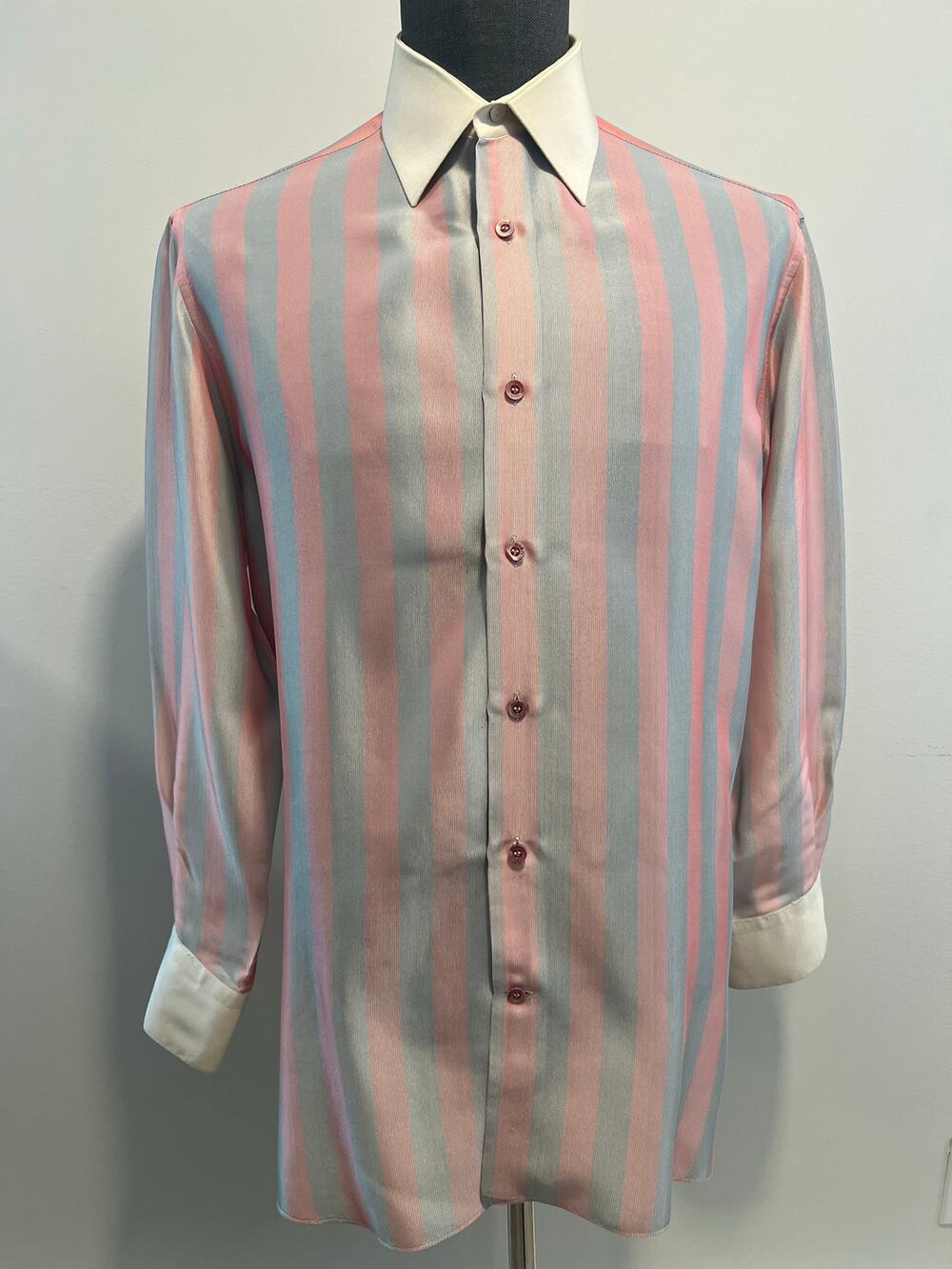 Bijan Silk Dress Shirt Button Down Gray Pink Vertical Stripes Size 16.5 JP